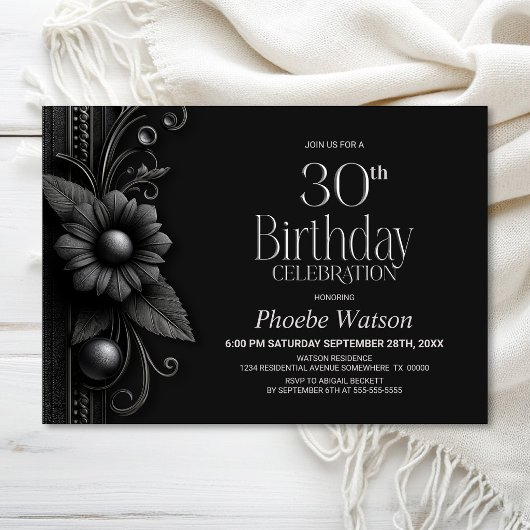 Invitation Fête d'anniversaire 30 ans Grey Flower
