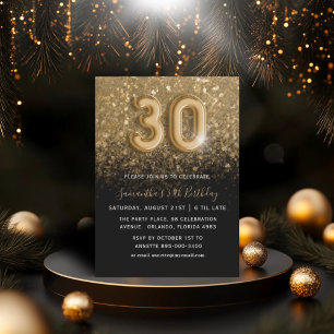Invitation Fête d'anniversaire 30 ans paillettes or et noir