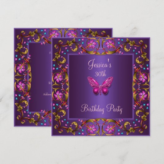 Invitation Fête d'anniversaire 30 ans Papillon Rose Violet Fl (Devant / Derrière)