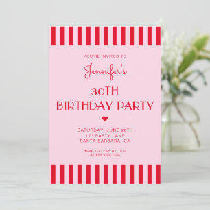Invitation Fête d'anniversaire 30 ans rayures rouge rétro et