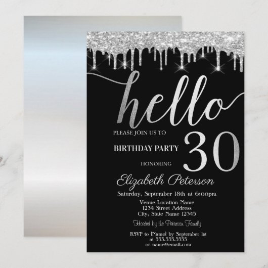Invitation Fête d'anniversaire 30 ans Silver Glitter Drips (Devant / Derrière)