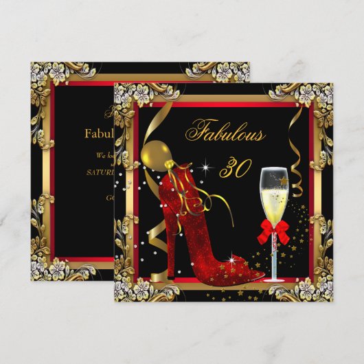 Invitation Fête d'anniversaire 30 Fabuleuse Or Rouge (Devant / Derrière)