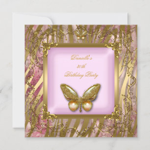 Invitation Fête d'anniversaire 30e Pink Gold Zebra Butterfly