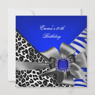 Invitation Fête d'anniversaire 30e Zebra Leopard Bleu Noir