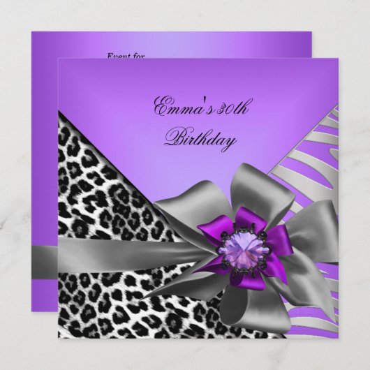 Invitation Fête d'anniversaire 30e Zebra Leopard Purple Black (Devant / Derrière)