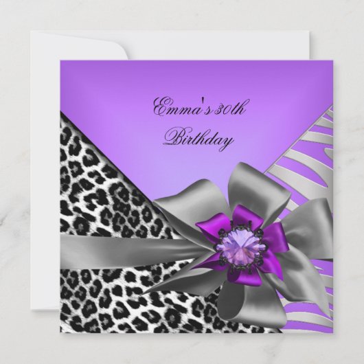 Invitation Fête d'anniversaire 30e Zebra Leopard Purple Black (Devant)