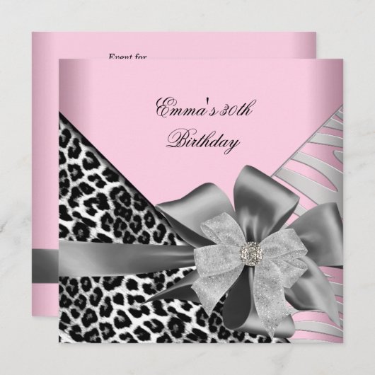 Invitation Fête d'anniversaire 30e Zebra Leopard rose noir (Devant / Derrière)