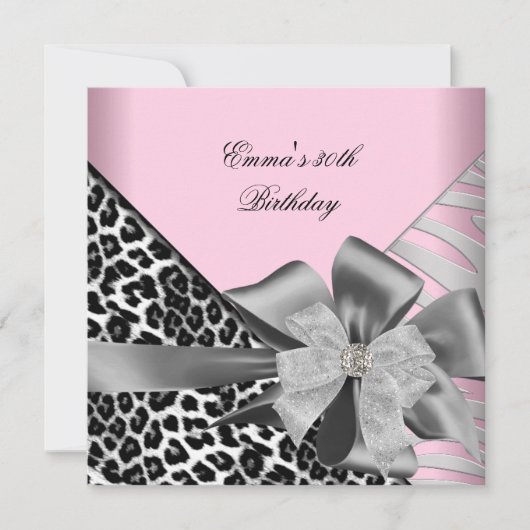Invitation Fête d'anniversaire 30e Zebra Leopard rose noir (Devant)