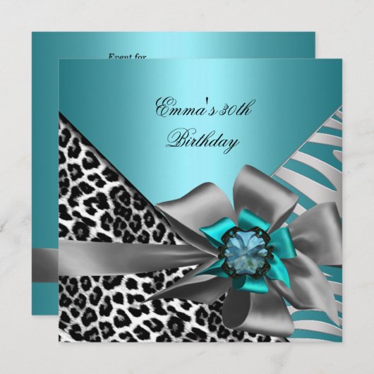 Invitation Fête d'anniversaire 30e Zebra Leopard Turquoise bl (Devant / Derrière)