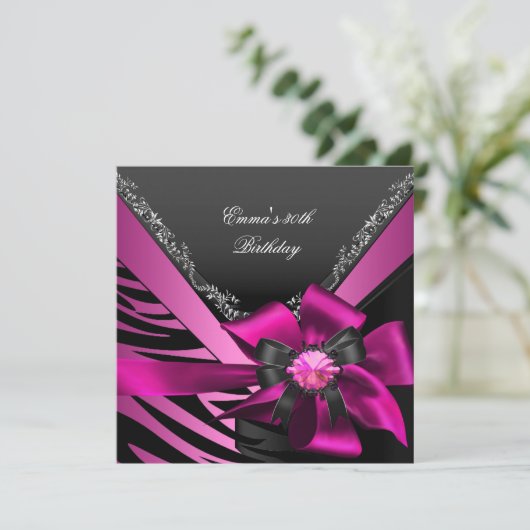 Invitation Fête d'anniversaire 30e Zebra rose noir argent (Debout devant)