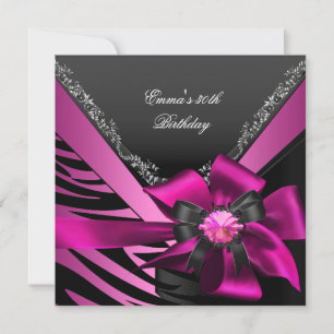 Invitation Fête d'anniversaire 30e Zebra rose noir argent