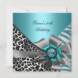 Invitation Fête d'anniversaire 30ème Zèbre Léopard Bleu sarce