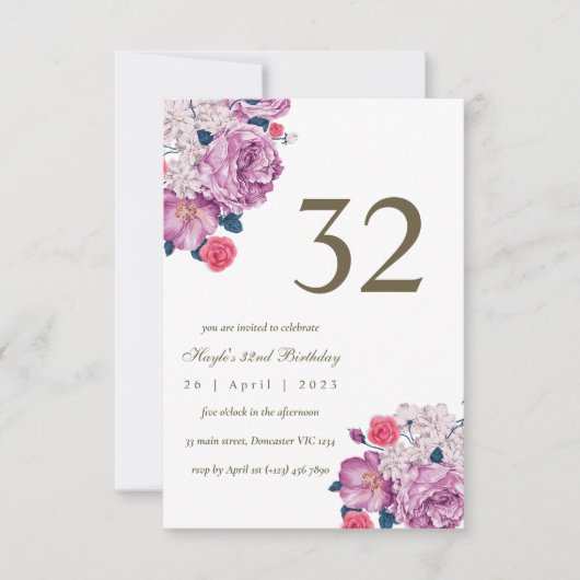 Invitation Fête d'anniversaire 32 ans simple chic botanique f (Devant)