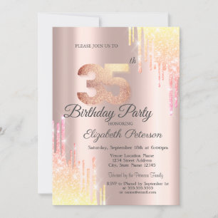 Invitation Fête d'anniversaire 35 ans Ombre Glitter Drips Ros