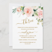 Invitation Fête d'anniversaire 3 ans Fleur Rose Or (Devant)