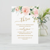 Invitation Fête d'anniversaire 3 ans Fleur Rose Or (Debout devant)