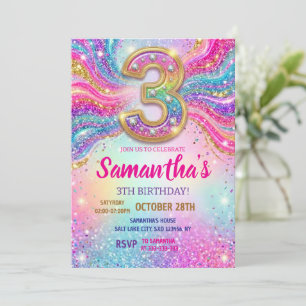 Invitation Fête d'anniversaire 3 ans Paillettes Étincelles Ar