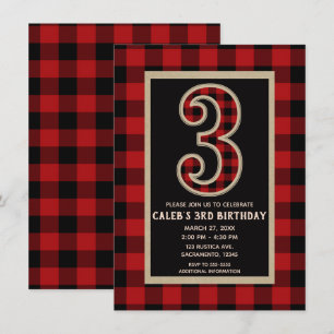 Invitation Fête d'anniversaire 3 ans plaid buffalo noir rouge