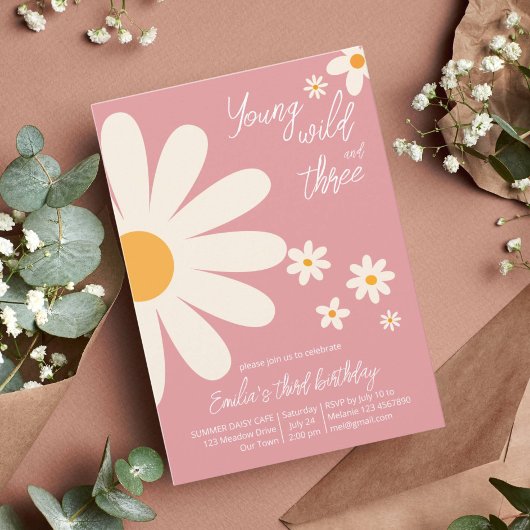 Invitation Fête d'anniversaire 3 ans Retro desert daisy rose
