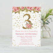 Invitation Fête d'anniversaire 3 ans thème Roses roses (Debout devant)