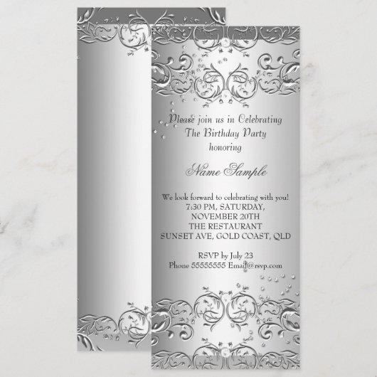 Invitation Fête d'anniversaire 3 diamants argent (Devant / Derrière)