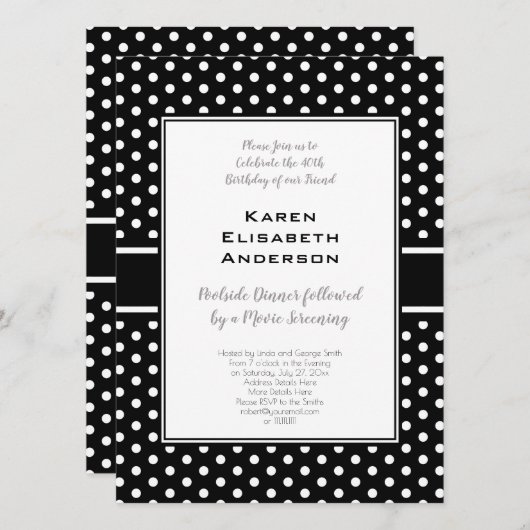 Invitation Fête d'anniversaire 40 ans à pois noirs et blancs (Devant / Derrière)