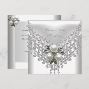 Invitation Fête d'anniversaire 40 ans Bijou perle blanche dia