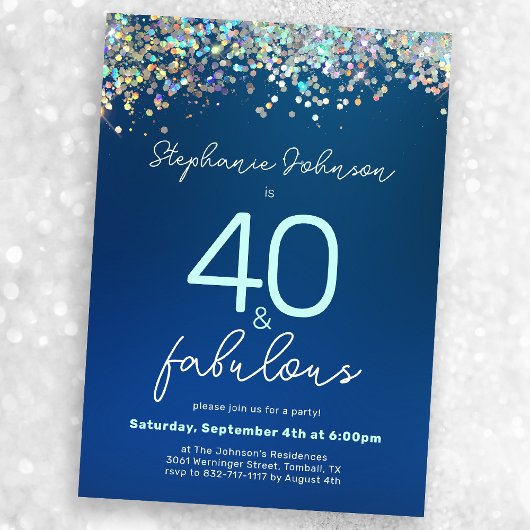 Invitation Fête d'anniversaire 40 ans Bleu Paillettes 40 et I