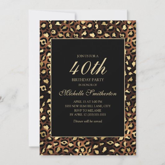 Invitation Fête d'anniversaire 40 ans Bronze Or Léopard Noir (Devant)