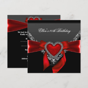 Invitation Fête d'anniversaire 40 ans Cœur rouge bijou Noir B