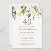 Invitation Fête d'anniversaire 40 ans confettis dorés fleurs (Devant)