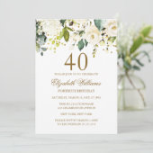 Invitation Fête d'anniversaire 40 ans confettis dorés fleurs (Debout devant)