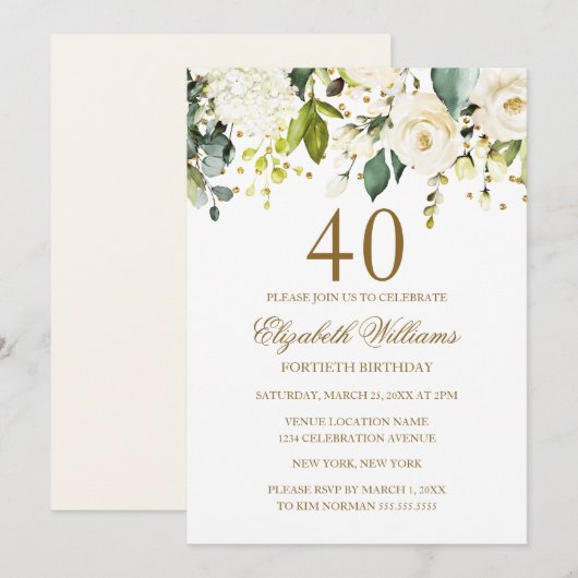 Invitation Fête d'anniversaire 40 ans confettis dorés fleurs (Devant / Derrière)