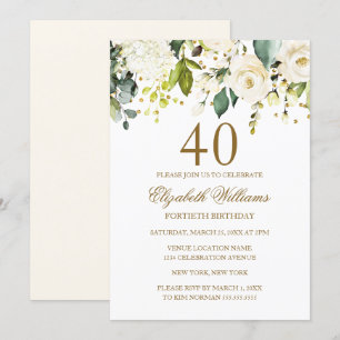 Invitation Fête d'anniversaire 40 ans confettis dorés fleurs