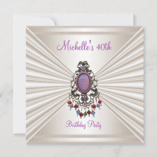 Invitation Fête d'anniversaire 40 ans Crème Soie Perle Mauve