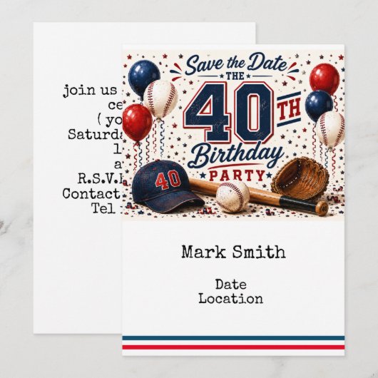 Invitation Fête d'anniversaire 40 ans de baseball  (Devant / Derrière)