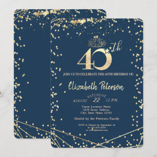 Invitation Fête d'anniversaire 40 ans Diamants Bleu Nuit Or  