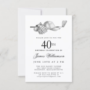 Invitation Fête d'anniversaire 40 ans élégant noir blanc golf