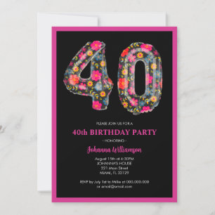 Invitation Fête d'anniversaire 40 ans femme couleur rose noir
