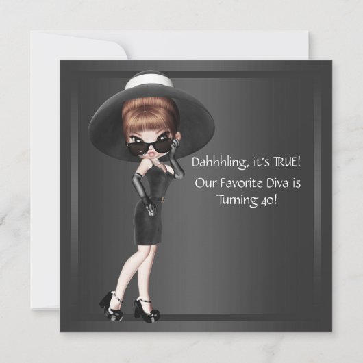 Invitation Fête d'anniversaire 40 ans femme diva noir amusant (Devant)