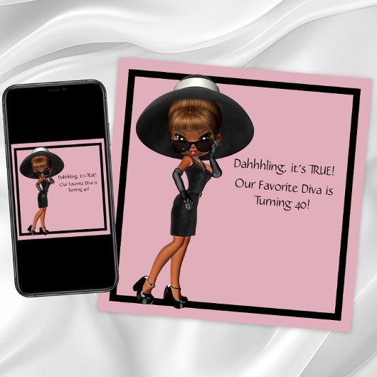Invitation Fête d'anniversaire 40 ans femme diva noir amusant