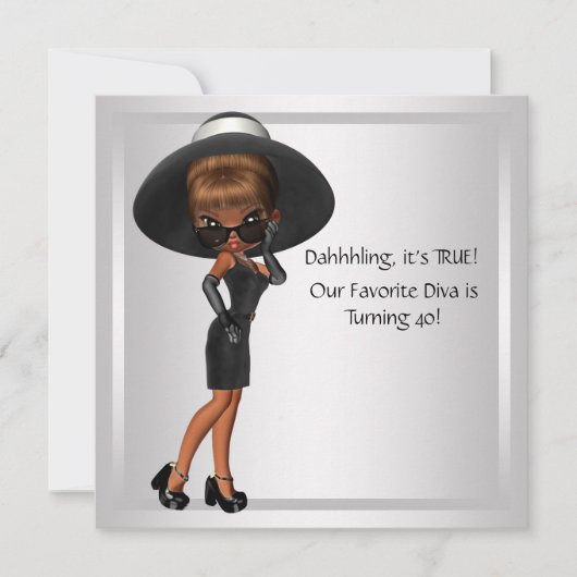 Invitation Fête d'anniversaire 40 ans femme diva noir amusant (Devant)