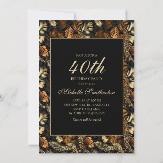 Invitation Fête d'anniversaire 40 ans Feuilles Noir Or Bronze (Devant)