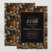 Invitation Fête d'anniversaire 40 ans Feuilles Noir Or Bronze (Devant / Derrière)