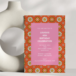 Invitation Fête d'anniversaire 40 ans Fleur Orange Rose Rétro