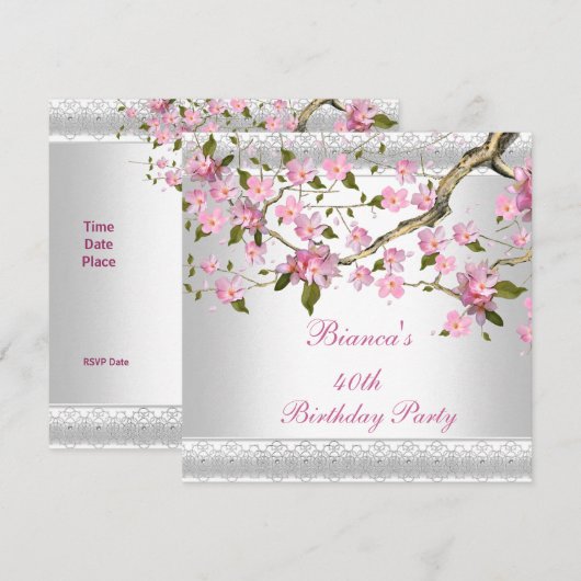 Invitation Fête d'anniversaire 40 ans Fleurs blanches et rose (Devant / Derrière)