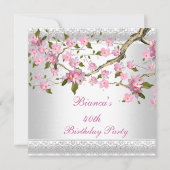 Invitation Fête d'anniversaire 40 ans Fleurs blanches et rose (Devant)