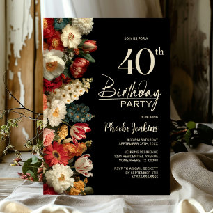 Invitation Fête d'anniversaire 40 ans Floral Noir Vibrant Hum