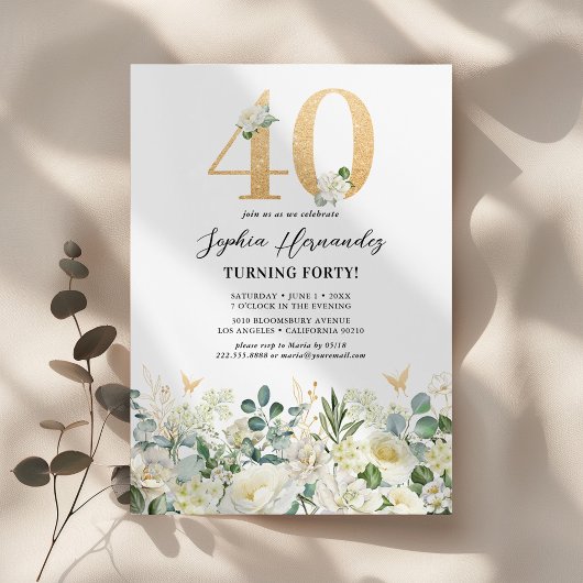 Invitation Fête d'anniversaire 40 ans Floral Vert & Blanc