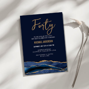 Invitation Fête d'anniversaire 40 ans Navy Blue Gold Agate Mo
